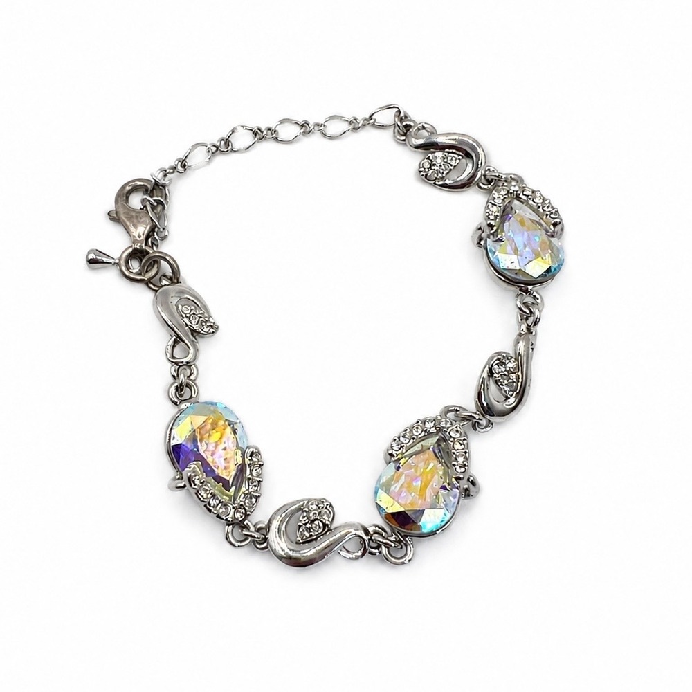 FA 925 Sterling Silver AB Crystal Teardrop Bracelet Rhinestone Adjustable